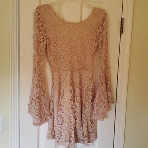 Light Tan Lace Fit & Flare Open Back Dress